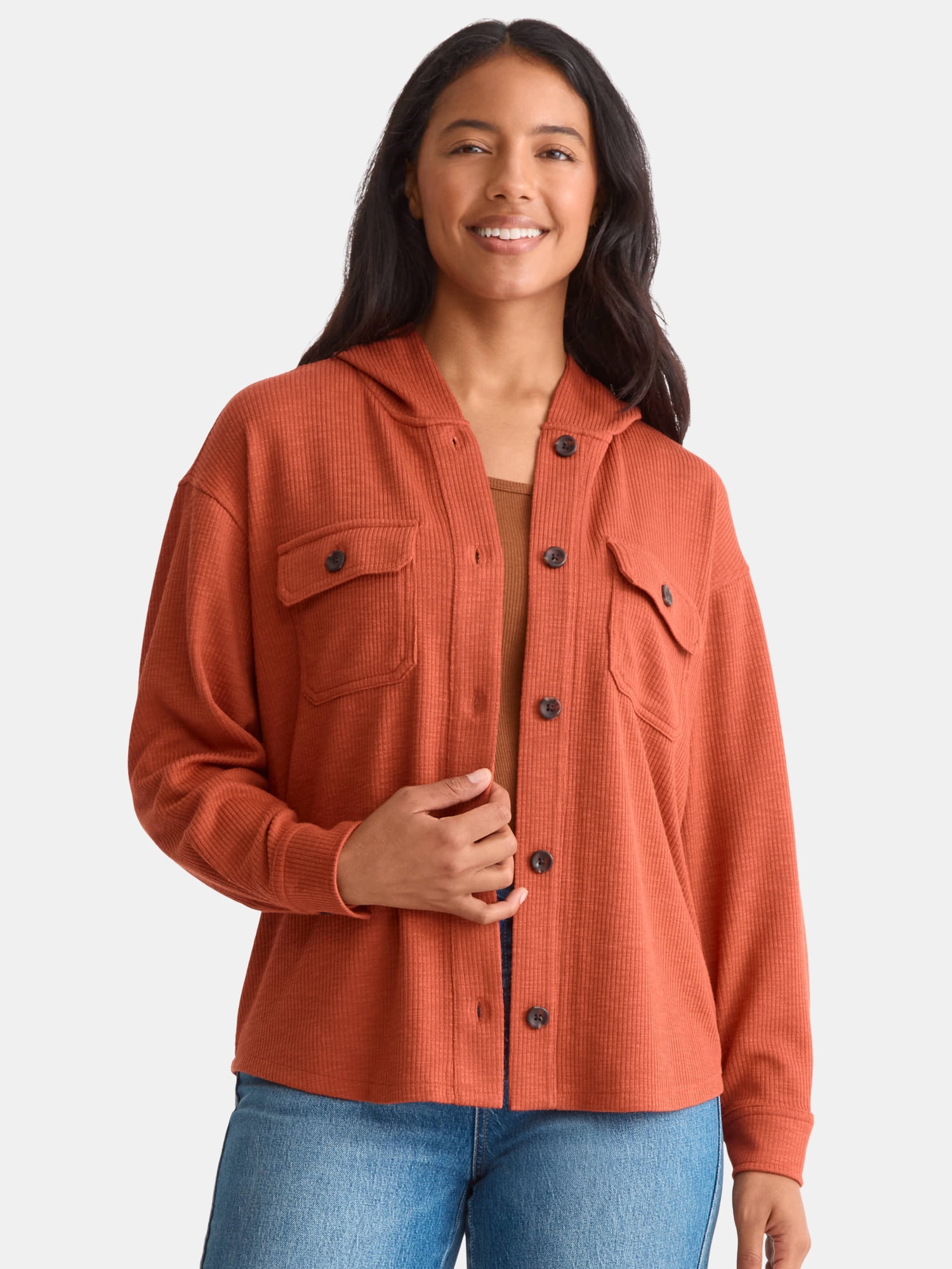 Women's and Women's Plus Ribbed Shirt Jacket with Hood, Sizes XS-4X