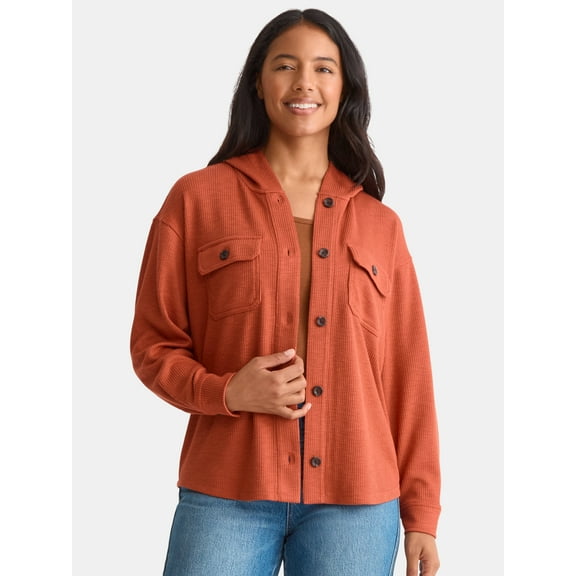 Time and Tru Women's and Women's Plus Ribbed Shirt Jacket with Hood, Sizes XS-4X
