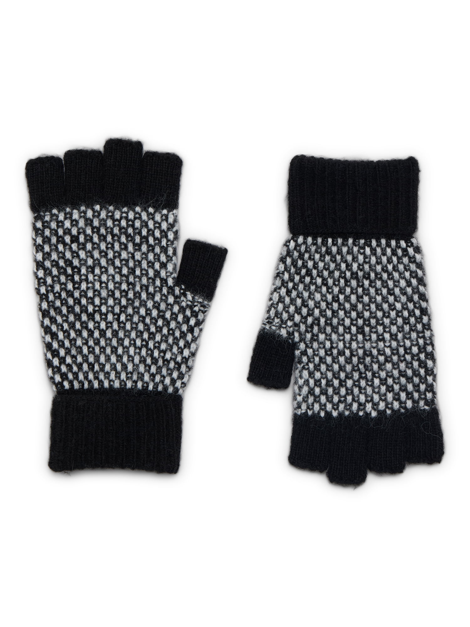 Women's Birdseye Cuffed Fingerless Gloves, Knit, One Size Fits Most, Black Soot