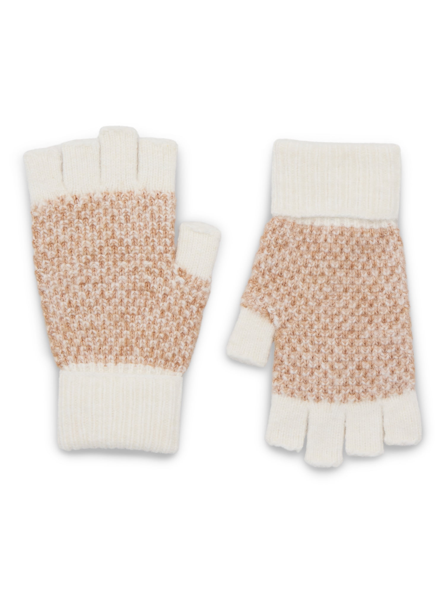Women's Birdseye Cuffed Fingerless Gloves, Knit, One Size Fits Most, Winter White