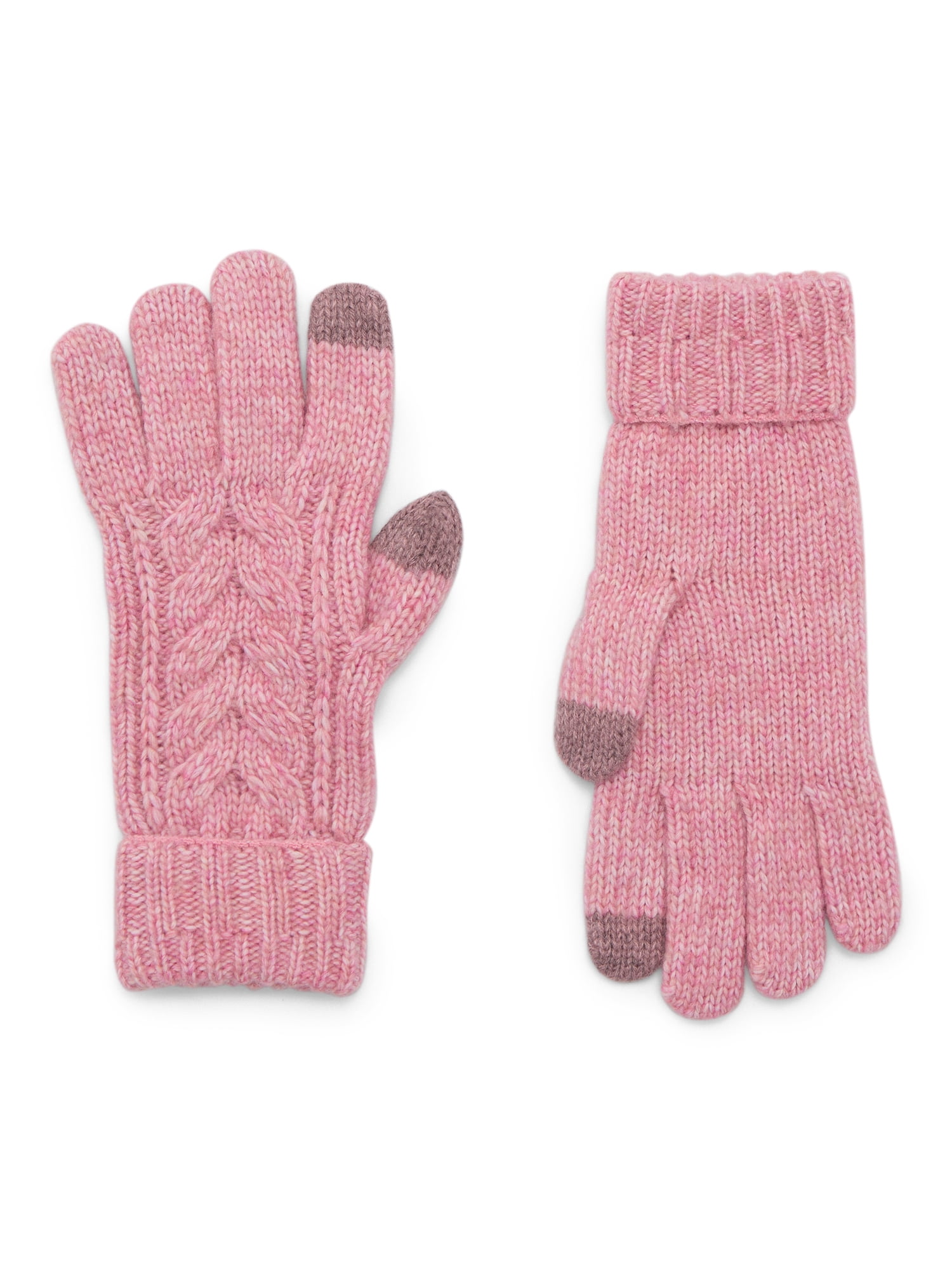 Time and Tru Women's Tech Touch Cable Knit Gloves, One Size Fits Most, Pink Pottery Heather