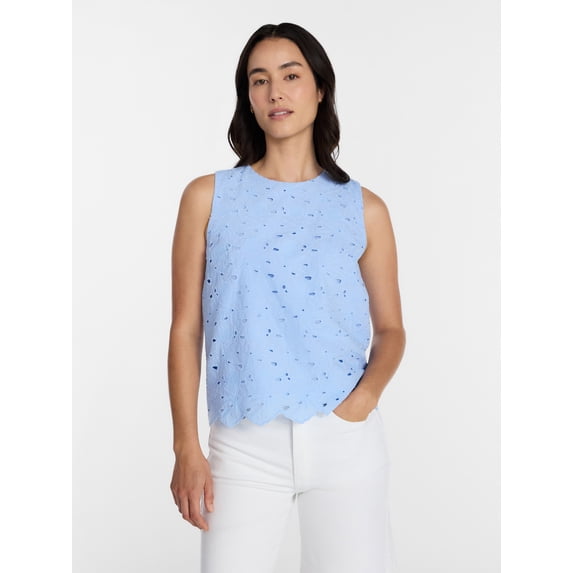 Time and Tru Women’s and Women’s Plus Eyelet Embroidered Top, Sizes XS-4X