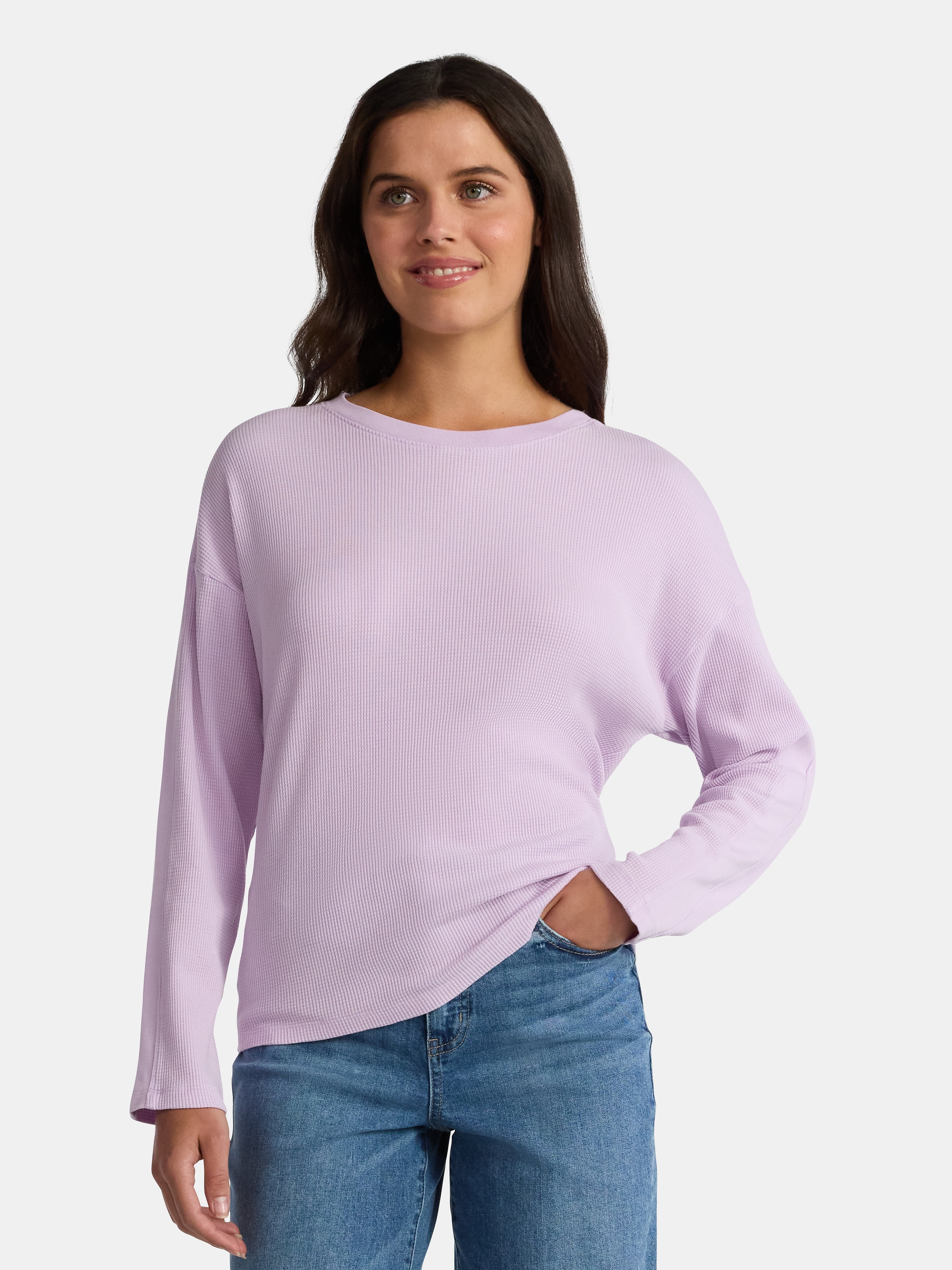 Time and Tru Women's Boxy Thermal Tee with Long Sleeves, Sizes XS-XXXL