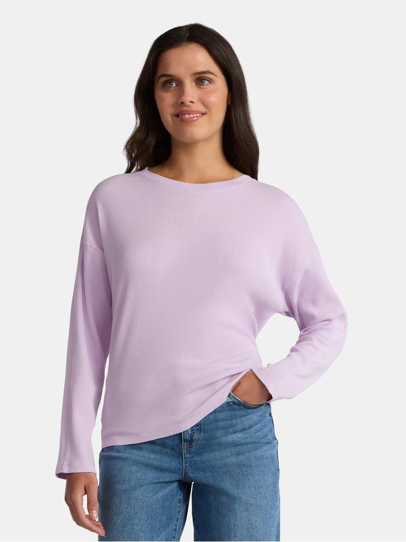 Time and Tru Women's Boxy Thermal Tee with Long Sleeves, Sizes XS