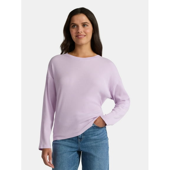 Time and Tru Women's Boxy Thermal Tee with Long Sleeves, Sizes XS-XXXL