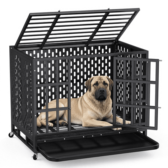 TIME RAY 38" Heavy Duty Dog Crate,Large Metal Escape Proof Dog Cage Kennel,Indestructible high Anxiety Dog Crate for Outdoor and Indoor with Lock, Double Door & Removable Tray