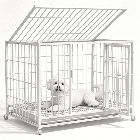 TIME RAY 38" Metal Wire Dog Crate for Large Dogs with Tray and Double Door, Dog Cage for Yard Indoor Outdoor Use,XL Dog Cage Kennel,White