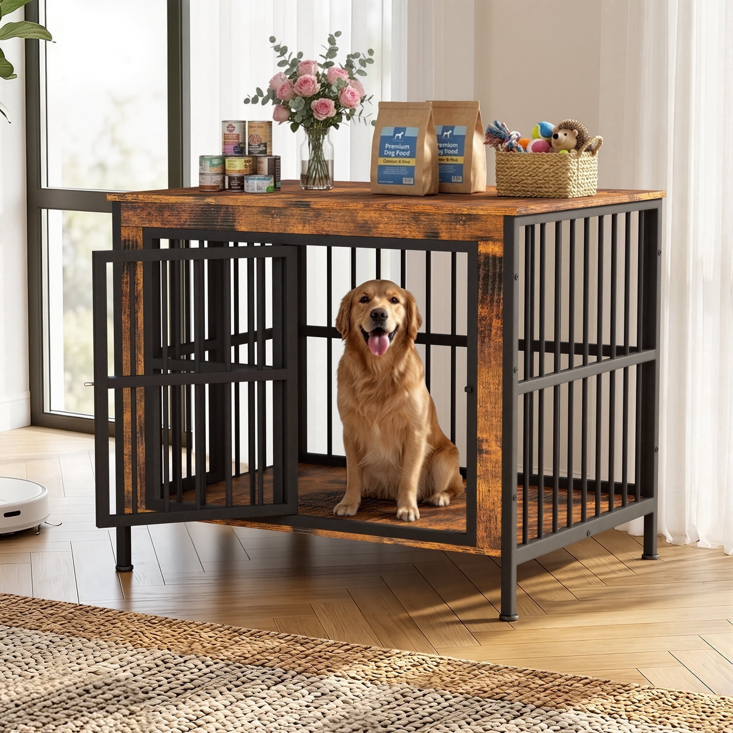 TIME RAY 39 Inch Dog Crate Furniture for Large Dog,Wood Dog Kennel Furniture Indoor with Removable Divider,Dog Cage Furniture as TV Stand,Brown