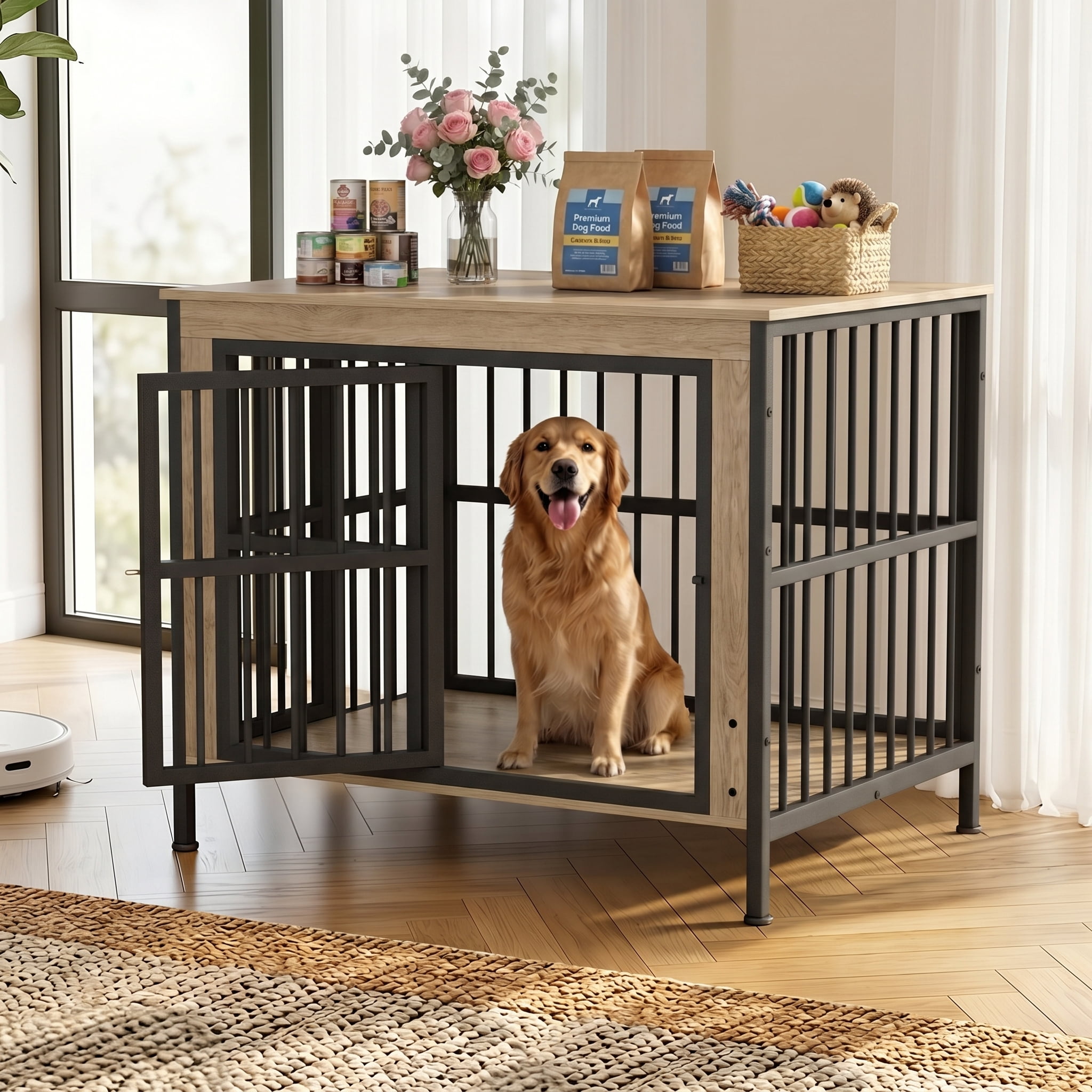 TIME RAY 39 Inch Dog Crate Furniture for Large Dog,Wood Dog Kennel Furniture Indoor with Removable Divider,Dog Cage Furniture as TV Stand,White