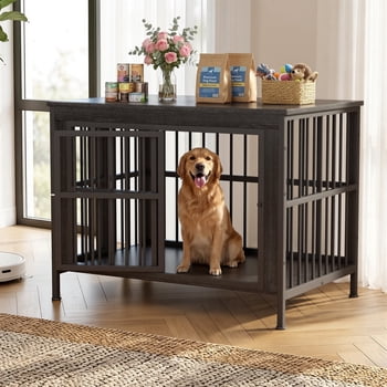 TIME RAY 44 Inch Dog Crate Furniture for Large Dog,Wood Dog Kennel Furniture Indoor with Removable Divider,Dog Cage Furniture as TV Stand,Black