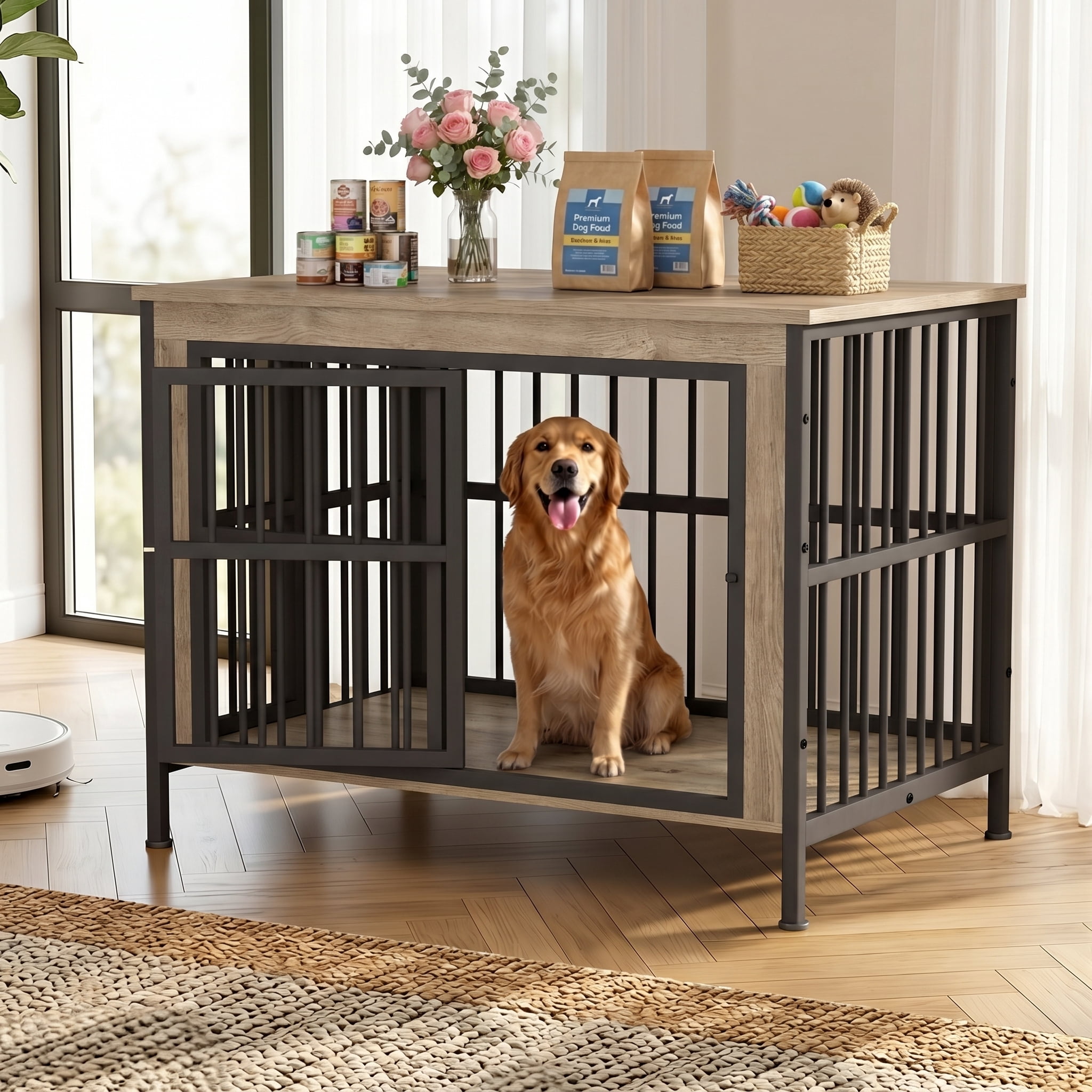 TIME RAY 44 Inch Dog Crate Furniture for Large Dog,Wood Dog Kennel Furniture Indoor with Removable Divider,Dog Cage Furniture as TV Stand,White