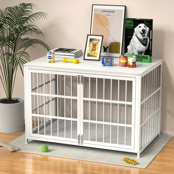 TIME RAY 48" Dog Crate Furniture, Wooden Heavy Duty Dog Kennel with Double Doors, Decorative Pet House Dog Cage Side End Table Indoor,White