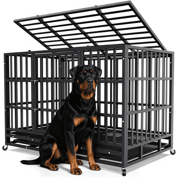 TIME RAY 48 Inch Heavy Duty Dog Crate,Indestructible High Anxiety Dog Cage for Outdoor and Indoor with Lock, Double Door & Removable Tray,Black