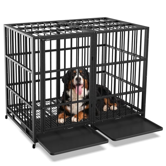 TIME RAY 54 Inch Heavy Duty Indestructible High Anxiety Dog Crate Cage for Large Dog with Steel Escape Proof, Indoor Double Doors,Lockable Wheels and Removable Tray,Black