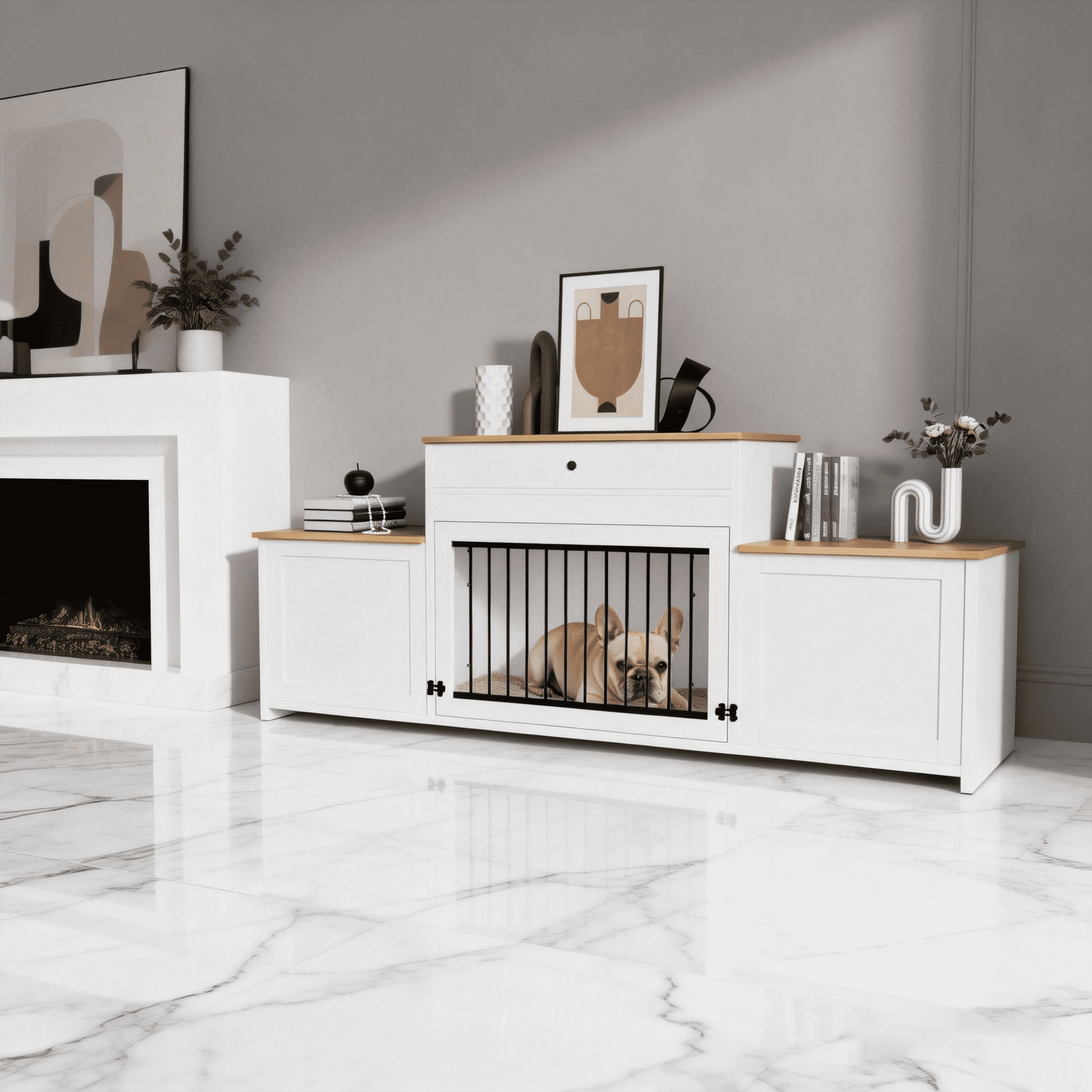 TIME RAY 79 inch Dog Crate Furniture with Storage Drawer,Dog Cage Furniture for Large Dog,Dog Kennel  with Upward Flapping Crate Door