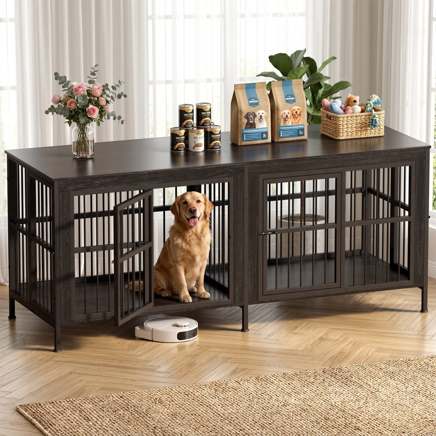 TIME RAY 88 Inch Dog Crate Furniture for Large Dog,Wood Dog Kennel Furniture Indoor with Removable Divider,Dog Cage Furniture as TV Stand,Black