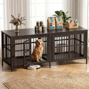 TIME RAY 88 Inch Dog Crate Furniture for Large Dog,Wood Dog Kennel Furniture Indoor with Removable Divider,Dog Cage Furniture as TV Stand,Black