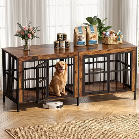 TIME RAY 88 Inch Dog Crate Furniture for Large Dog,Wood Dog Kennel Furniture Indoor with Removable Divider,Dog Cage Furniture as TV Stand,Brown