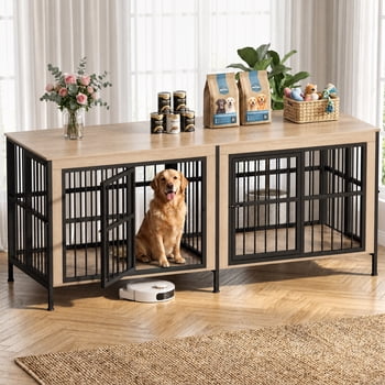 TIME RAY 88 Inch Dog Crate Furniture for Large Dog,Wood Dog Kennel Furniture Indoor with Removable Divider,Dog Cage Furniture as TV Stand,White