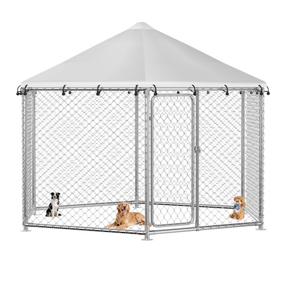 TIME RAY 9.1x9.1 ft Outdoor Dog Kennel,Dog Kennel Outdoor with Waterproof Cover and Security Lock, Galvanized Hexagonal Dog Cage for Large Dogs