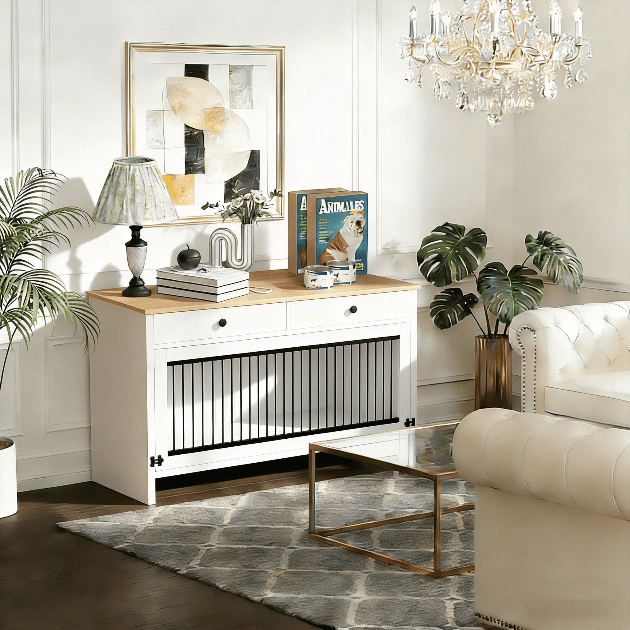 TIME RAY Dog Crate Furniture for Large Dog,Dog Cage Furniture with Upward Flapping Crate Door and 2 Storage Drawer