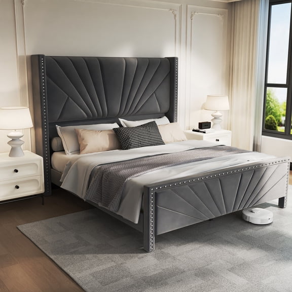 TIME RAY King Upholstered Bed Frame with Headboard,Velvet Diamond Button Tufted Bed Frame,Wood Slats Support,No Box Spring Needed,Gray