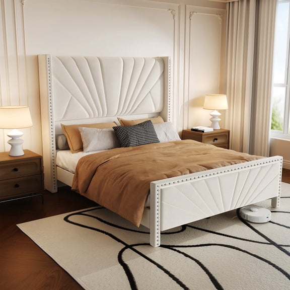 TIME RAY Queen Upholstered Bed Frame with Headboard,Velvet Diamond Button Tufted Bed Frame,Wood Slats Support,No Box Spring Needed,Beige