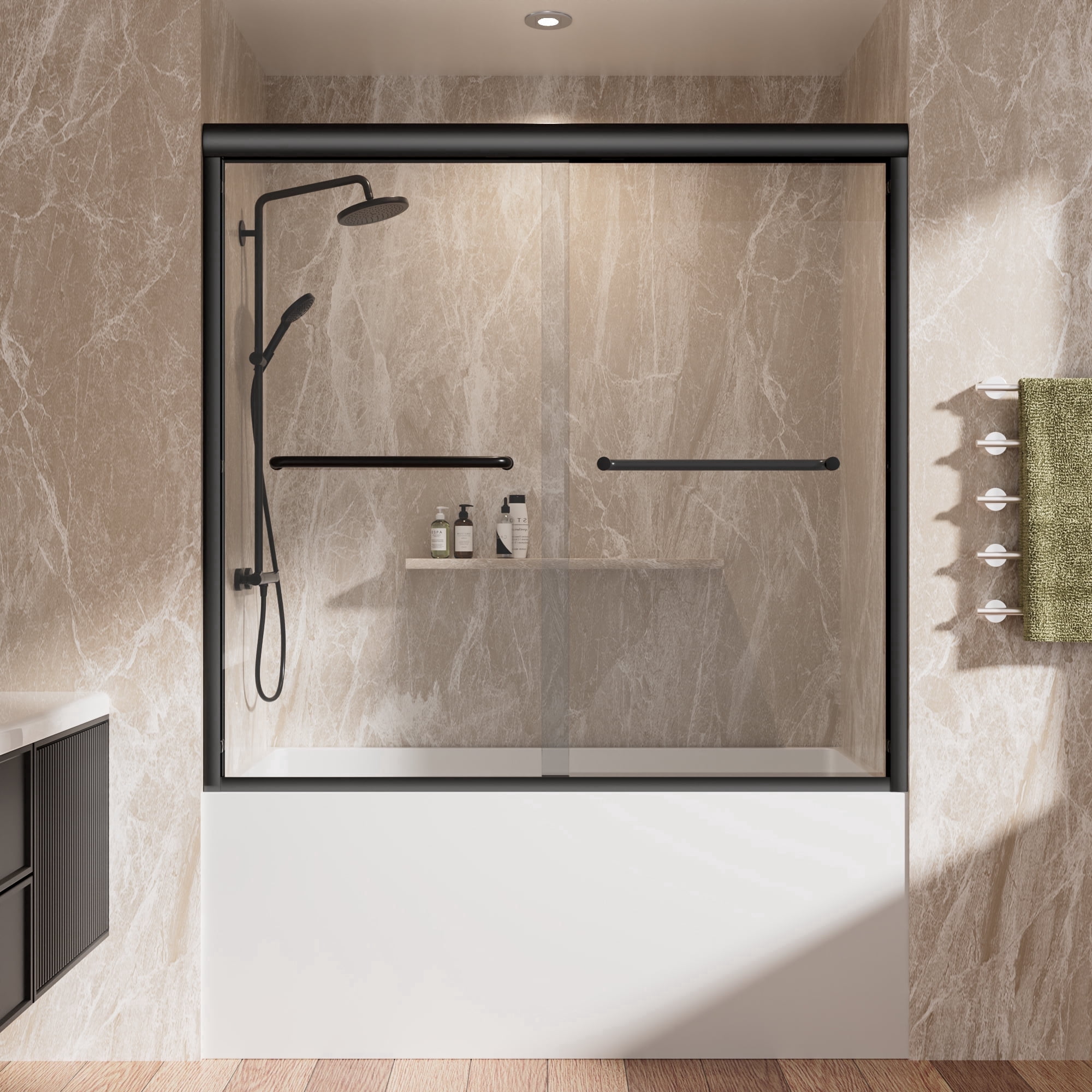 TIME RAY 60"*57" inch Double Sliding Tub Door with Thickened Profilel&Impact Resistant,Silent Gliding,Rust Proof,Black
