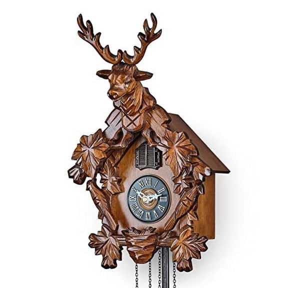 TIMEGEAR Cuckoo Clock with Automatic Night Mode, Quartz Movement and Carved Deer Head (Brown)