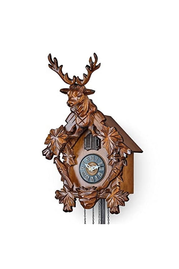 TIMEGEAR Cuckoo Clock with Automatic Night Mode, Quartz Movement and Carved Deer Head (Brown)