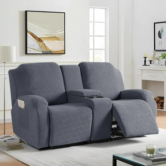 Timeles 2 Seat Recliner Sofa Covers with Middle Console Slipcover, Loveseat Recliner Couch Cover Stripe Jacquard Furniture Protector Covers with Elastic Bottom for Kids, Pets (Gray)