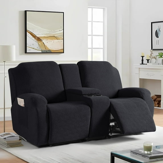 Timeles 2 Seat Recliner Sofa Covers with Middle Console Slipcover, Loveseat Recliner Couch Cover Stripe Jacquard Furniture Protector Covers with Elastic Bottom for Kids, Pets (Black)