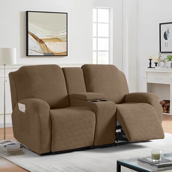 Timeles 2 Seat Recliner Sofa Covers with Middle Console Slipcover, Loveseat Recliner Couch Cover Stripe Jacquard Furniture Protector Covers with Elastic Bottom for Kids, Pets (Light Coffee)