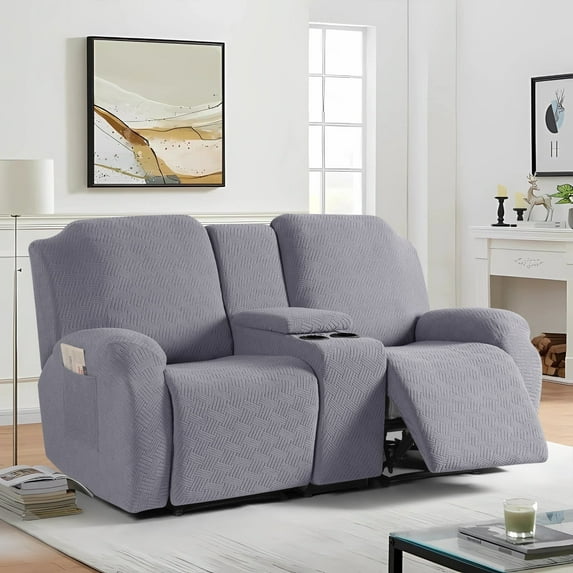 Timeles 2 Seat Recliner Sofa Covers with Middle Console Slipcover, Loveseat Recliner Couch Cover Stripe Jacquard Furniture Protector Covers with Elastic Bottom for Kids, Pets (Light Gray)