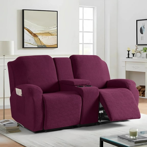 Timeles 2 Seat Recliner Sofa Covers with Middle Console Slipcover, Loveseat Recliner Couch Cover Stripe Jacquard Furniture Protector Covers with Elastic Bottom for Kids, Pets (Burgundy)