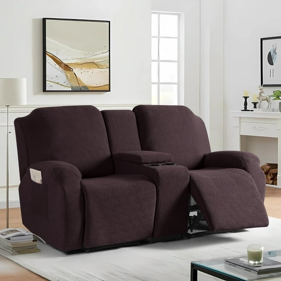 Timeles 2 Seat Recliner Sofa Covers with Middle Console Slipcover, Loveseat Recliner Couch Cover Stripe Jacquard Furniture Protector Covers with Elastic Bottom for Kids, Pets (Chocolate)