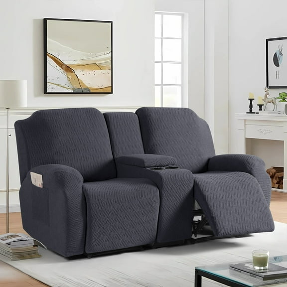 Timeles 2 Seat Recliner Sofa Covers with Middle Console Slipcover, Loveseat Recliner Couch Cover Stripe Jacquard Furniture Protector Covers with Elastic Bottom for Kids, Pets (Dark Gray)