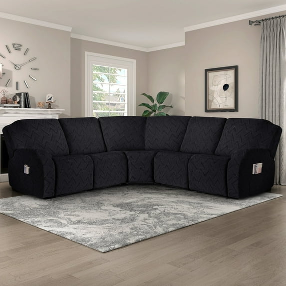 Timeles 5 Seat Recliner Sofa Covers Stretch L Shape Sectional Couch Covers Oversized - Washable Soft Extra Large Sectional Covers with Pockets (Black)