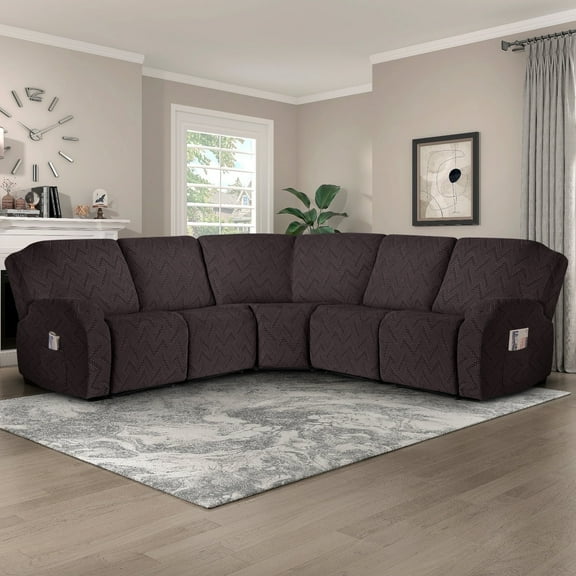 Timeles 5 Seat Recliner Sofa Covers Stretch L Shape Sectional Couch Covers Oversized - Washable Soft Extra Large Sectional Covers with Pockets (Chocolate)