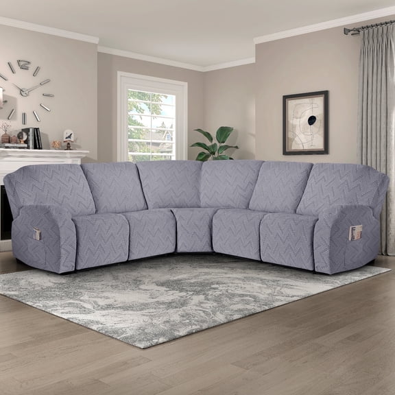 Timeles 5 Seat Recliner Sofa Covers Stretch L Shape Sectional Couch Covers Oversized - Washable Soft Extra Large Sectional Covers with Pockets (Light Gray)