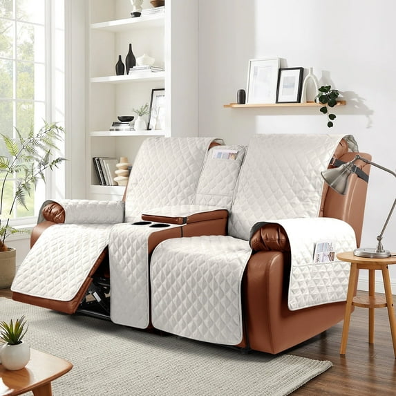 Timeles Waterproof Loveseat Recliner Cover with Console, Non-Slip Reclining Couch Covers for 2 Seat Recliner Sofa Cover Furniture Protector with Elastic Straps for Kids, Pets (Off White)
