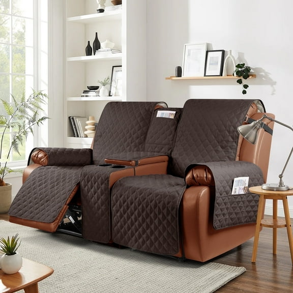 Timeles Waterproof Loveseat Recliner Cover with Console, Non-Slip Reclining Couch Covers for 2 Seat Recliner Sofa Cover Furniture Protector with Elastic Straps for Kids, Pets (Chocolate)
