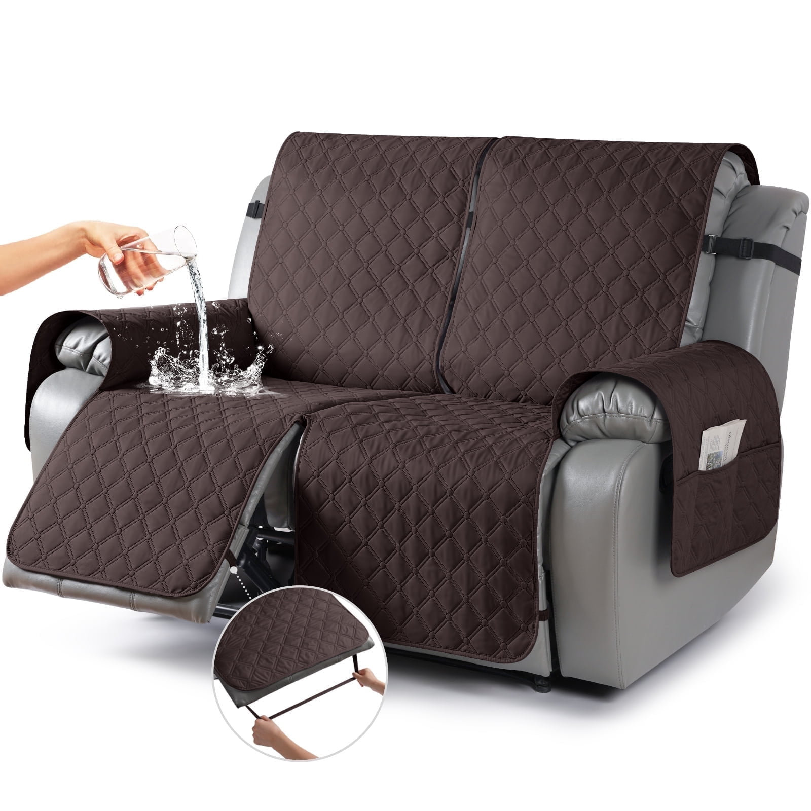 Timeles Waterproof Recliner Covers Loveseat Recliner Sofa Covers with Leg Straps Reversible Recliner Couch Cover for 2 Seat Reclining Chair Washable Couch Protector for Pets Kids (Chocolate)