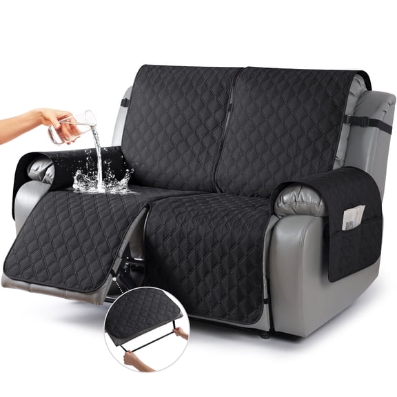 Timeles Waterproof Recliner Covers Loveseat Recliner Sofa Covers with Leg Straps Reversible Recliner Couch Cover for 2 Seat Reclining Chair Washable Couch Protector for Pets Kids (Black)