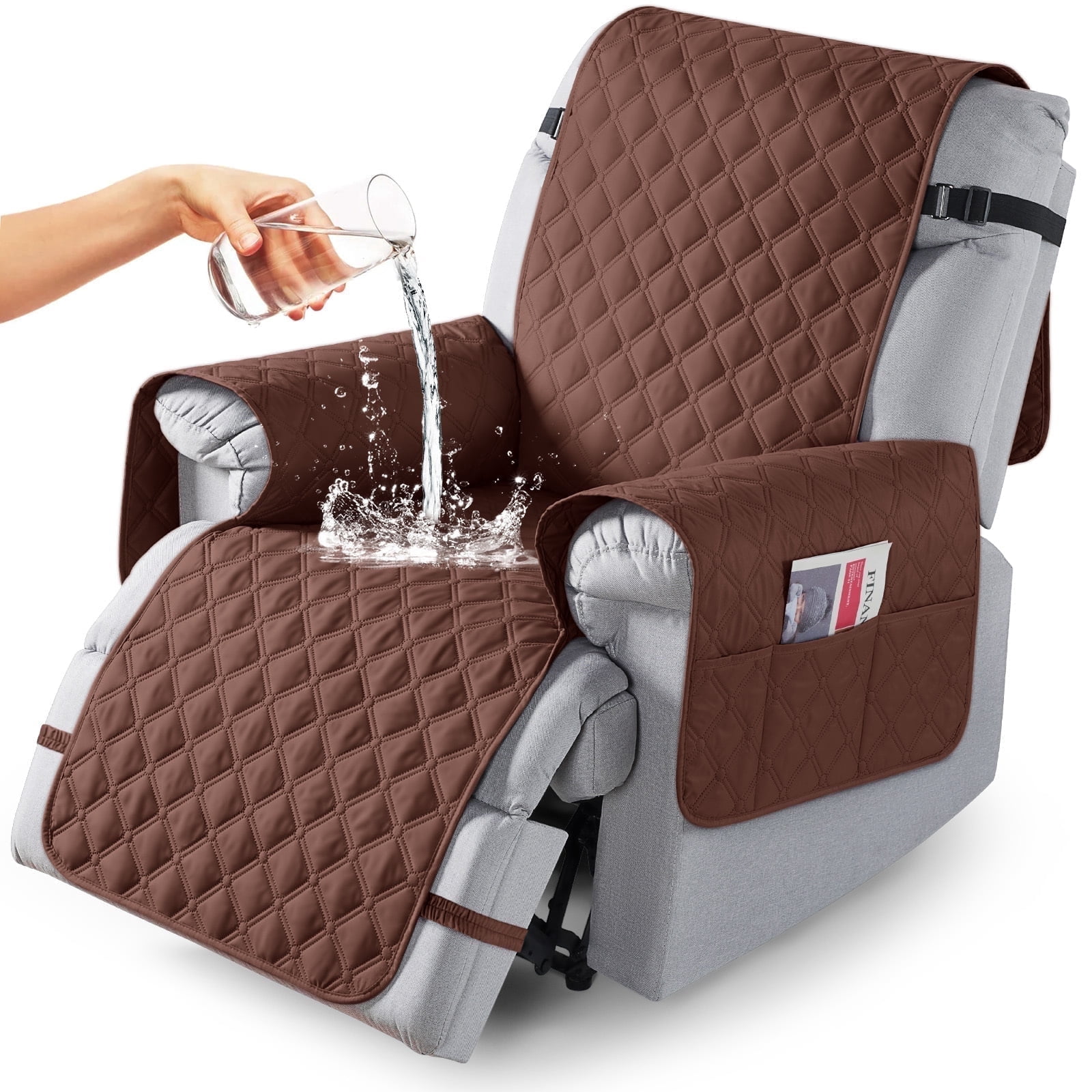 Timeles Waterproof Recliner Covers, Recliner Chair Covers with Leg Straps, Reversible Recliner Couch Cover for 1 Seat Reclining Sofa, Washable Chair Protector for Pets Kids(1 Seater 22", Coffee)