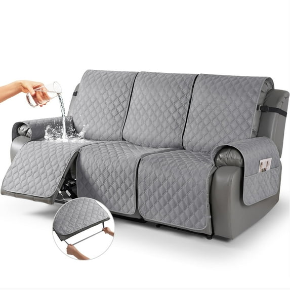 Timeles Waterproof Recliner Sofa Covers, Recliner Couch Covers with Leg Straps, Reversible Recliner Covers for 3 Seat Reclining Chair, Washable Sofa Protector for Pets Kids (Light Gray)