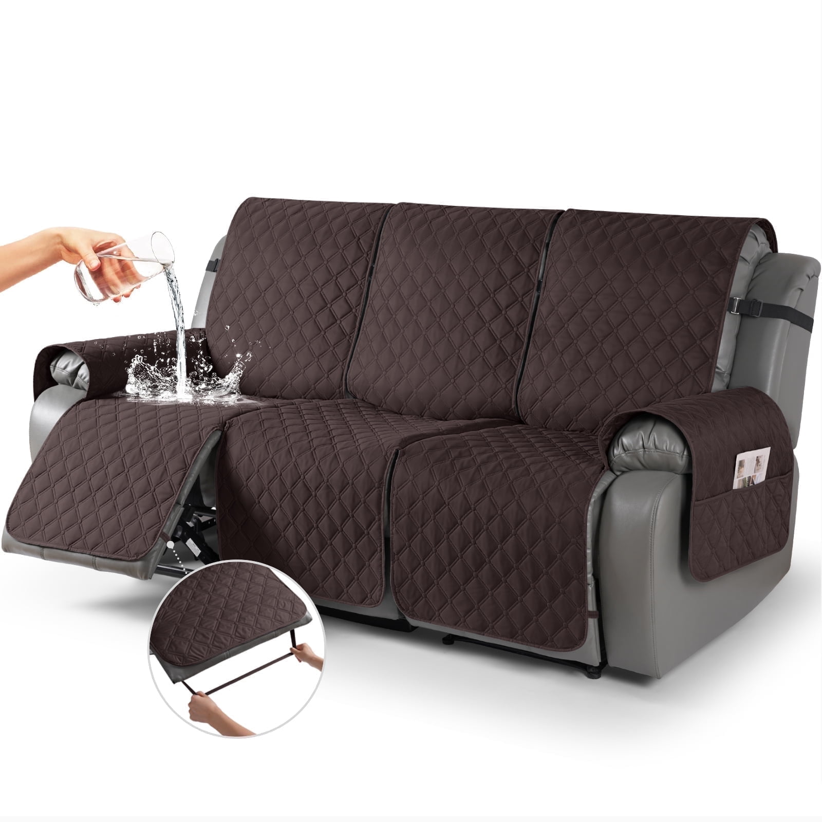 Timeles Waterproof Recliner Sofa Covers, Recliner Couch Covers with Leg Straps, Reversible Recliner Covers for 3 Seat Reclining Chair, Washable Sofa Protector for Pets Kids (Chocolate)