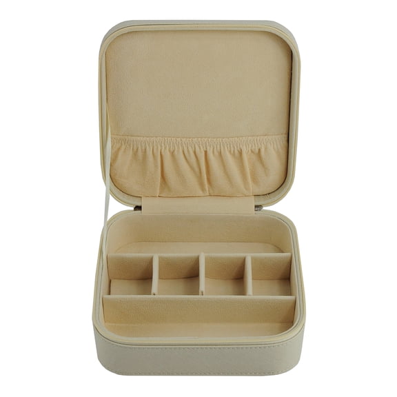 TIMELYBUYS Beige Saffiano 3 Compartment Sunglass Case Jewelry Box Travel Storage Organizer with Pocket Holds Glasses, Rings, Earrings, Necklaces, and Accessories