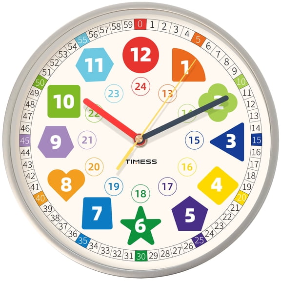 TIMESS 10" Learning Wall Clock, Non-Ticking, Color-Coded Time, Silver