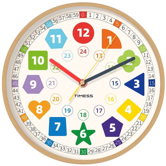 TIMESS 10" Kids Educational Wall Clock, Silent Analog Learning Clock, Wood Grain